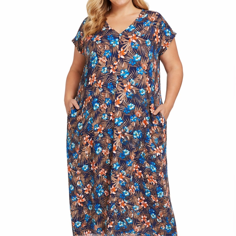 Lands End Women’s Brown Blue Peach  Floral Cotton Maxi Dress